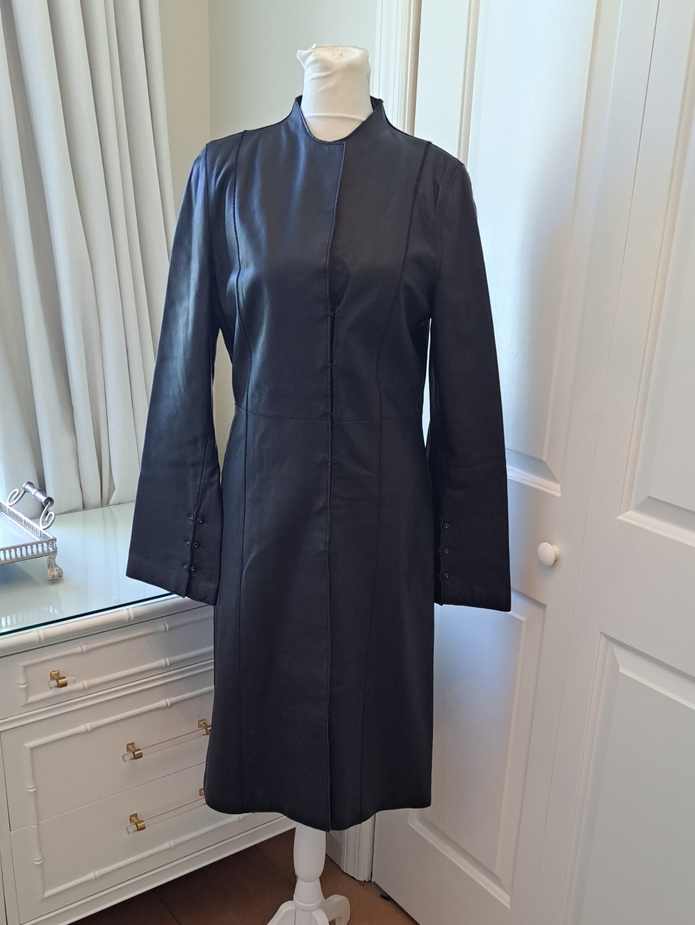 Arden B Womens Y2K Black Leather Lightweight Duster Coat Hook Front Lined M